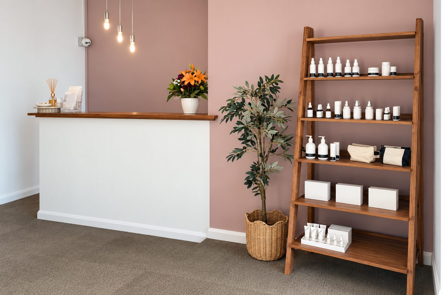 Reception and retail shelf at Elements Face and Body, Queanbeyan
