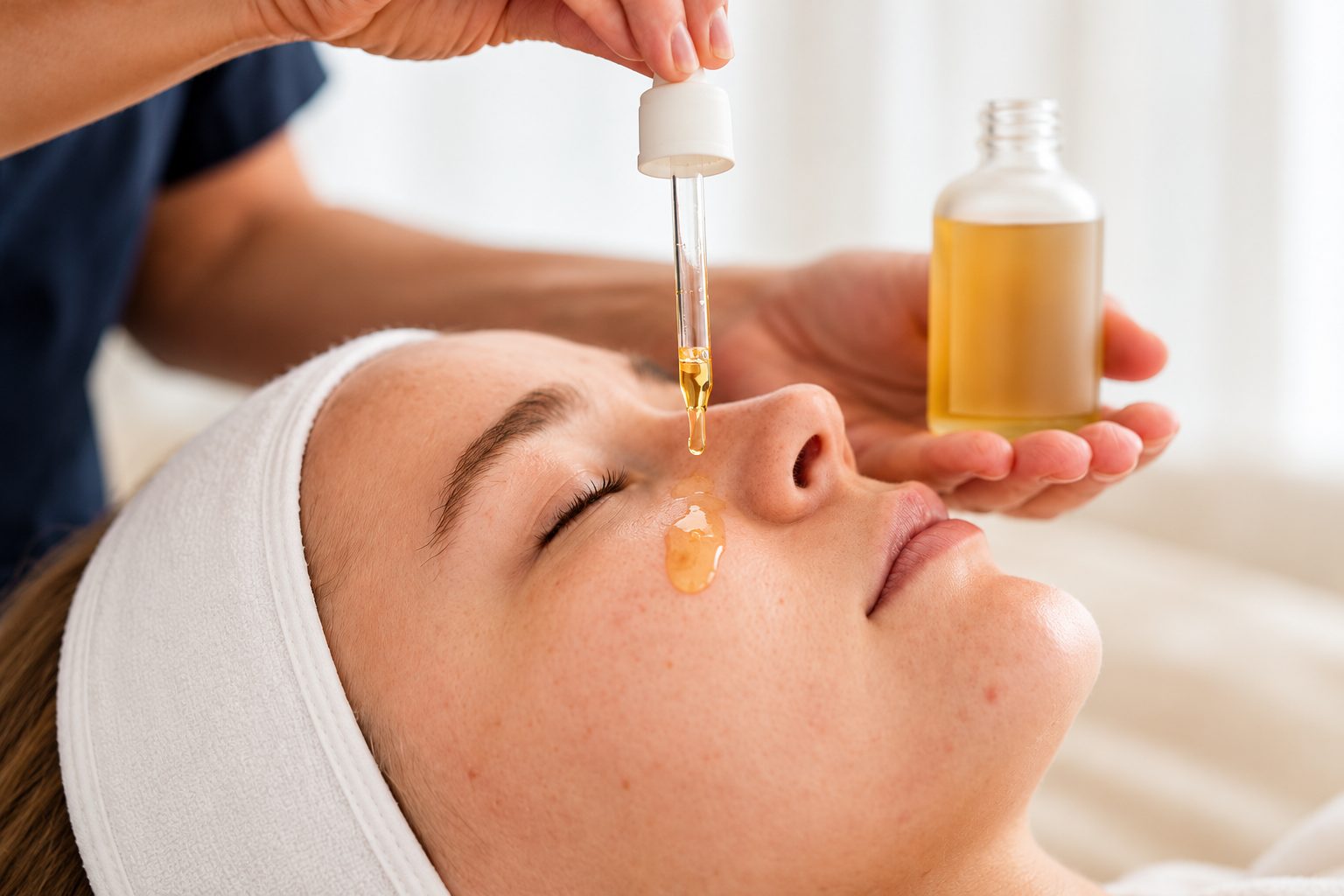 Serum applied with a dropper during a skin treatment